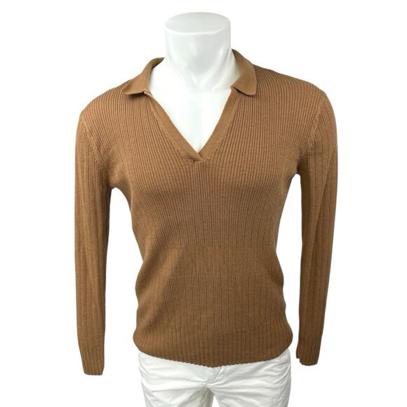 Club Monaco Men's Brown Rib Knit Long Sleeve Collared V-Neck Sweater Top Size L - Picture 1 of 4